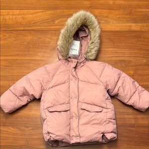 Pink Hooded Puffer Jacket with Faux Fur Trim